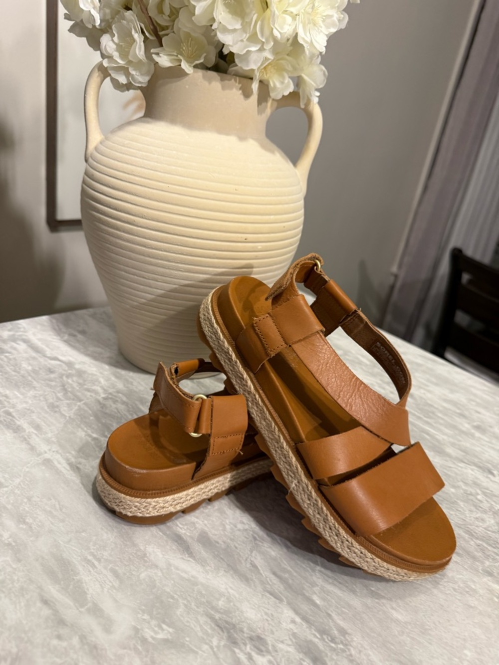 Sorel Tan Leather Platform Sandals with Jute Trim Size 6.5